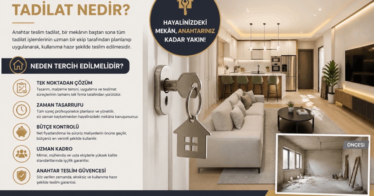 Promotional banner for turnkey renovation: modern living room scene with a key in a door lock and Turkish headings about services on the left side.