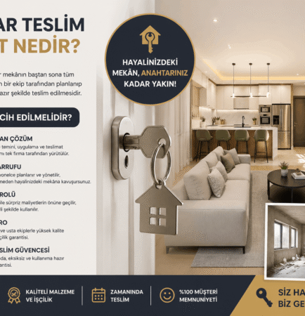 Promotional banner for turnkey renovation: modern living room scene with a key in a door lock and Turkish headings about services on the left side.