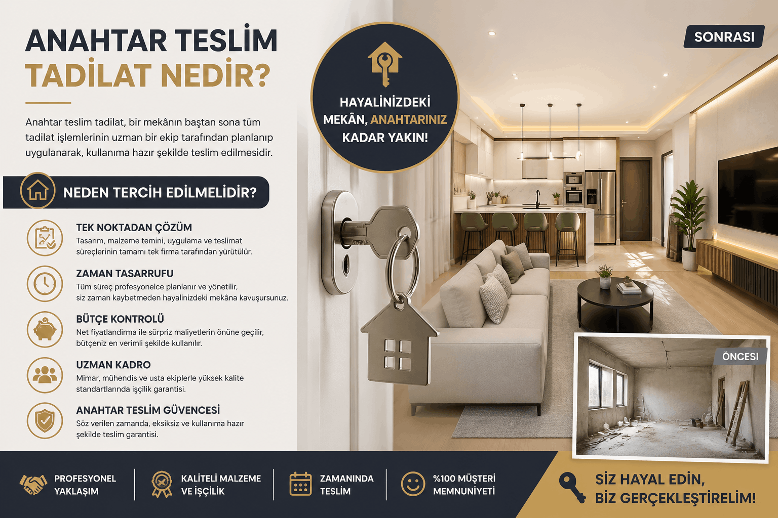 Promotional banner for turnkey renovation: modern living room scene with a key in a door lock and Turkish headings about services on the left side.