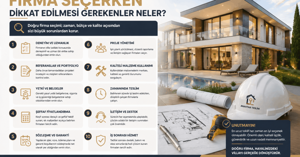 Türkçe infografik: 10 maddeyle firma seçimi kriterleri; sol tarafta maddeler, sağda modern villa görseli.
