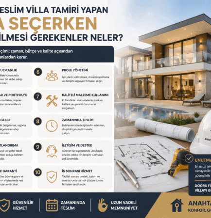 Türkçe infografik: 10 maddeyle firma seçimi kriterleri; sol tarafta maddeler, sağda modern villa görseli.