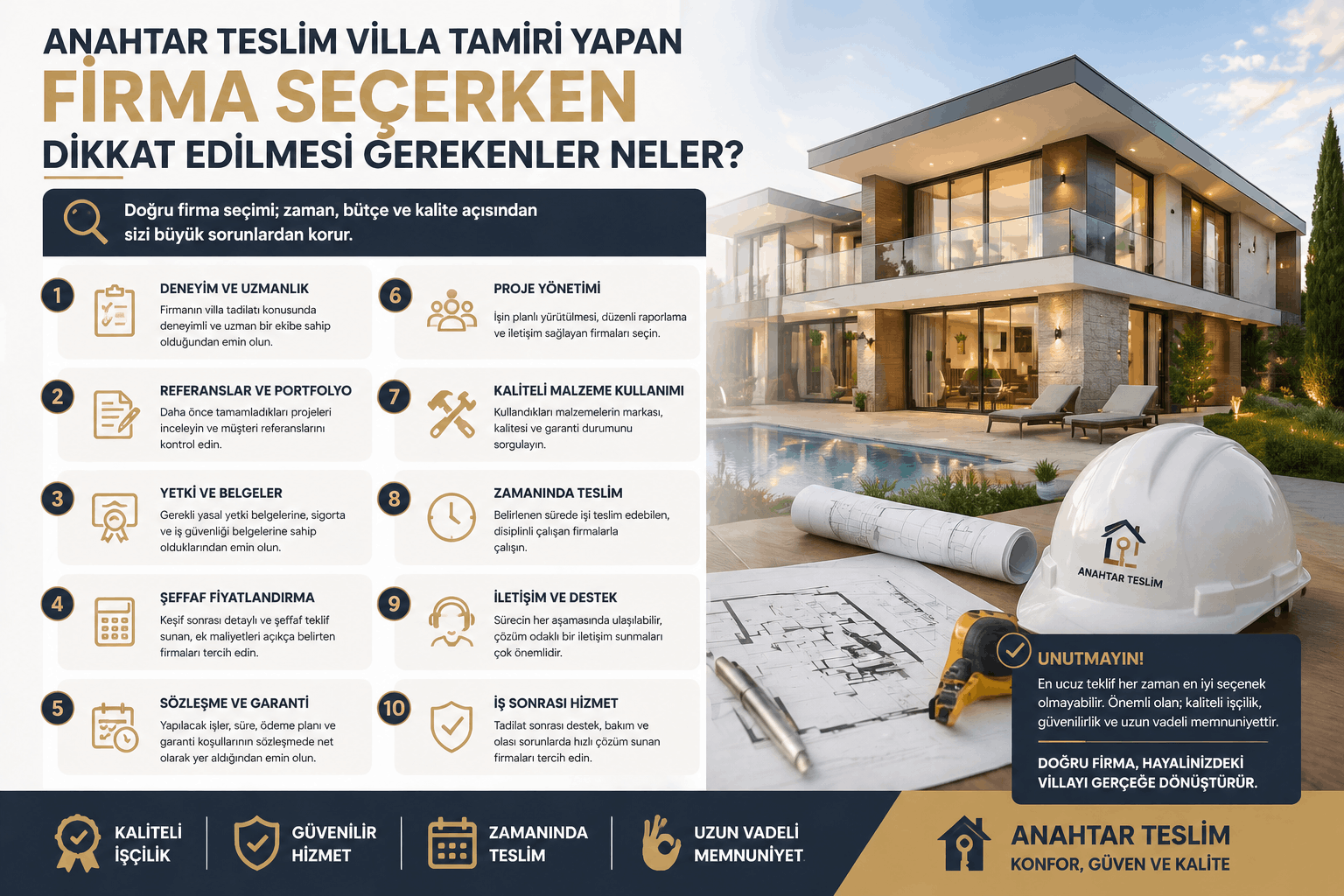 Türkçe infografik: 10 maddeyle firma seçimi kriterleri; sol tarafta maddeler, sağda modern villa görseli.